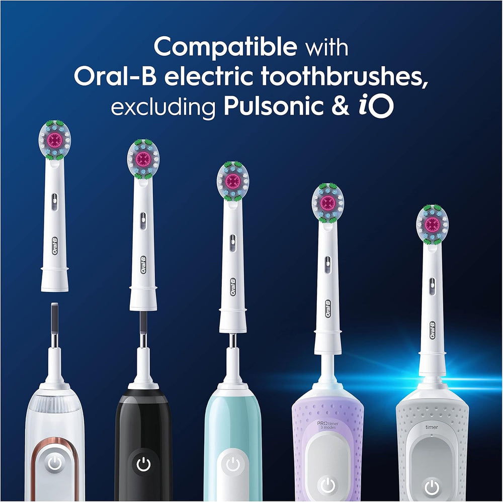 Eight Oral-B 3D White replacement toothbrush heads designed for effective whitening and cleaning.