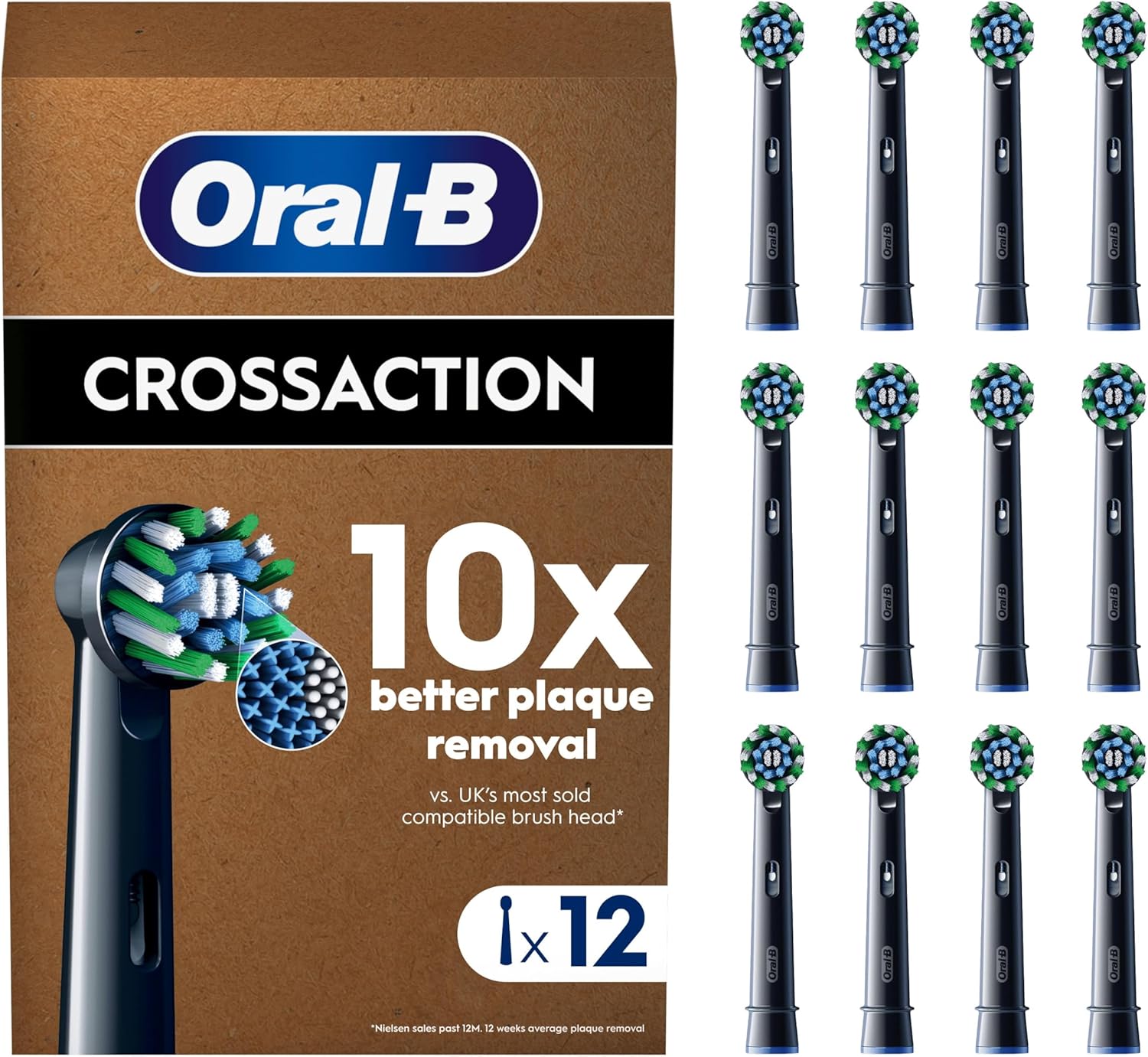 Set of 12 Oral-B CrossAction black replacement toothbrush heads for effective cleaning and plaque removal.