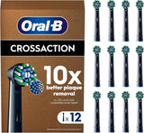 Set of 12 Oral-B CrossAction black replacement toothbrush heads for effective cleaning and plaque removal.