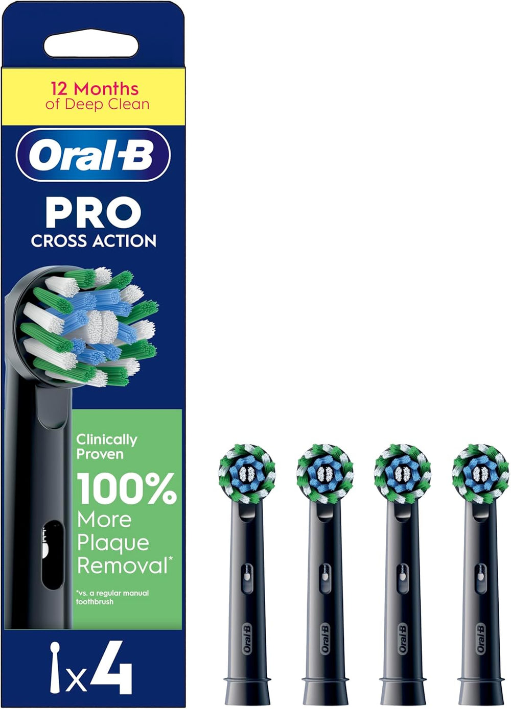 Four Oral-B CrossAction Black replacement toothbrush heads for electric toothbrushes, shown with bristles and black design.