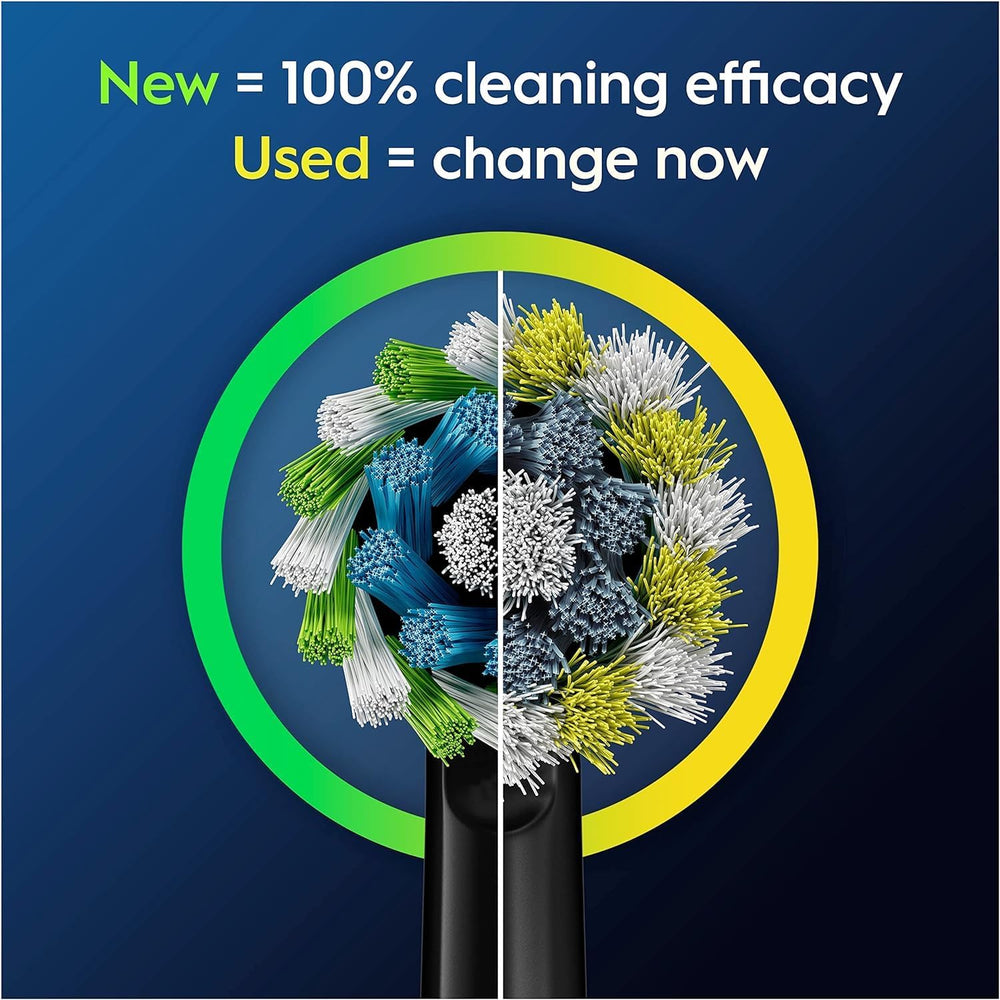 Four Oral-B CrossAction Black replacement toothbrush heads for electric toothbrushes, featuring angled bristles for effective cleaning.