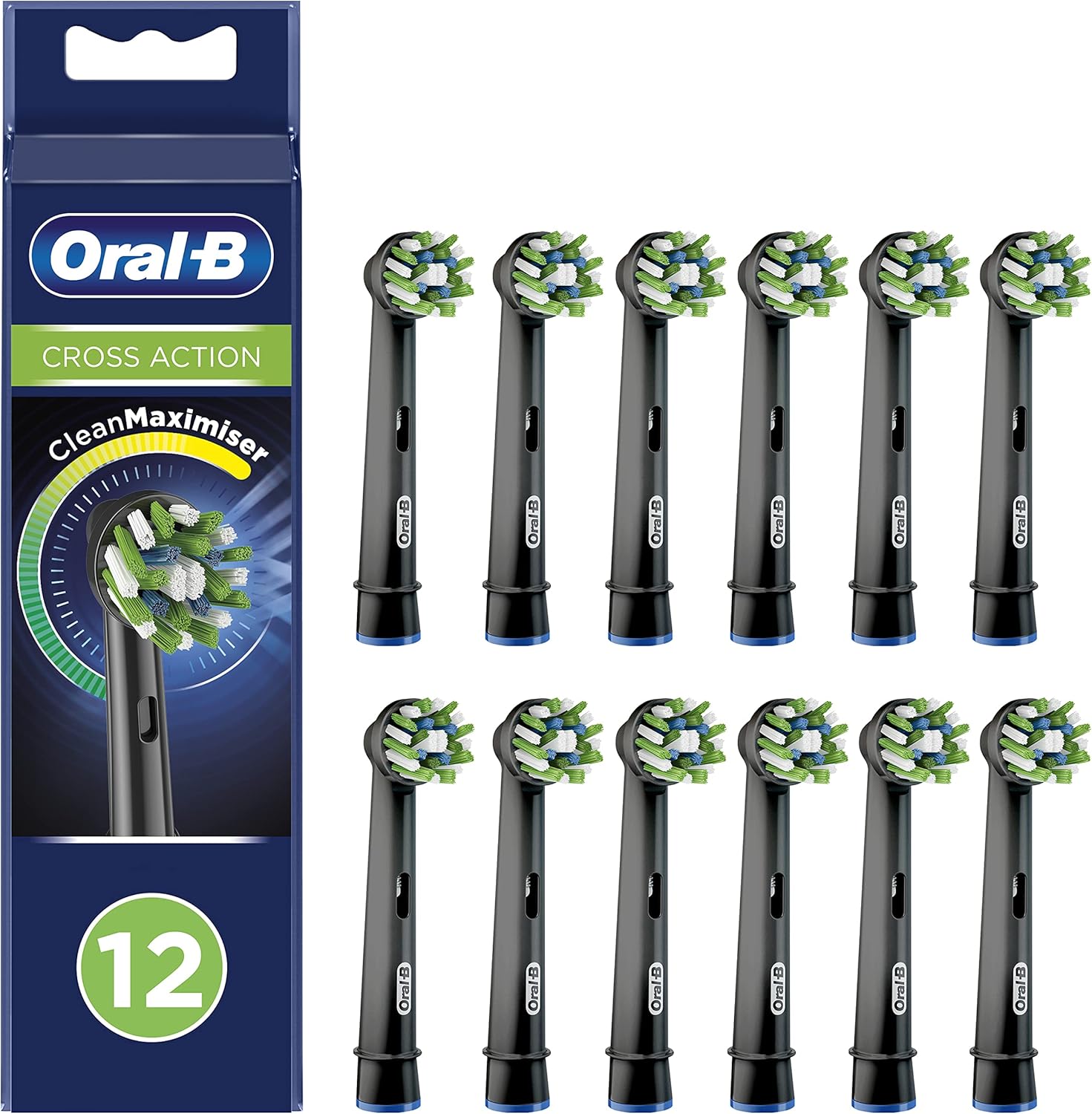 Four Oral-B CrossAction Black replacement toothbrush heads for electric toothbrushes, shown in a 4-pack.