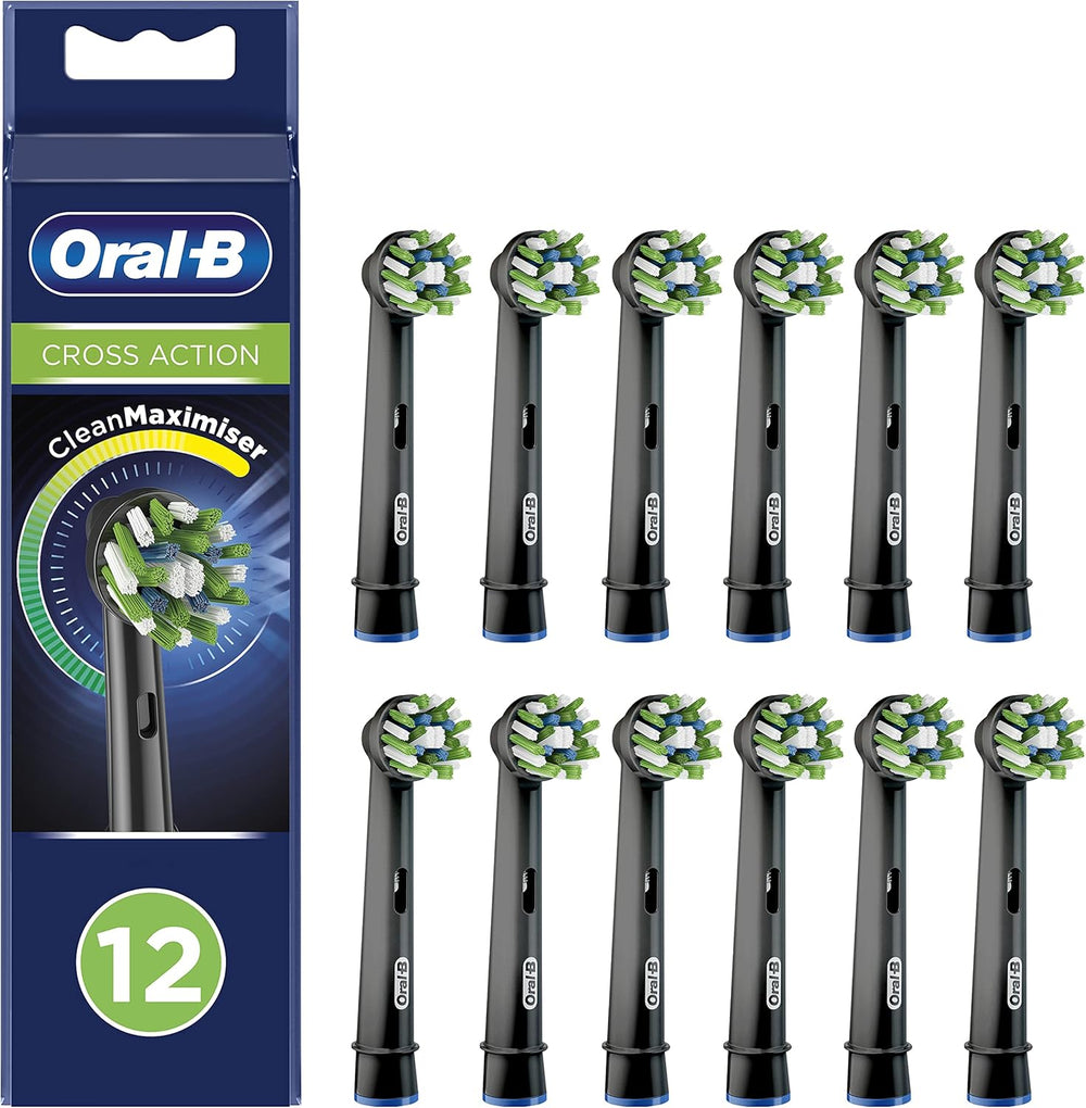 Four Oral-B CrossAction Black replacement toothbrush heads for electric toothbrushes, shown in a 4-pack.