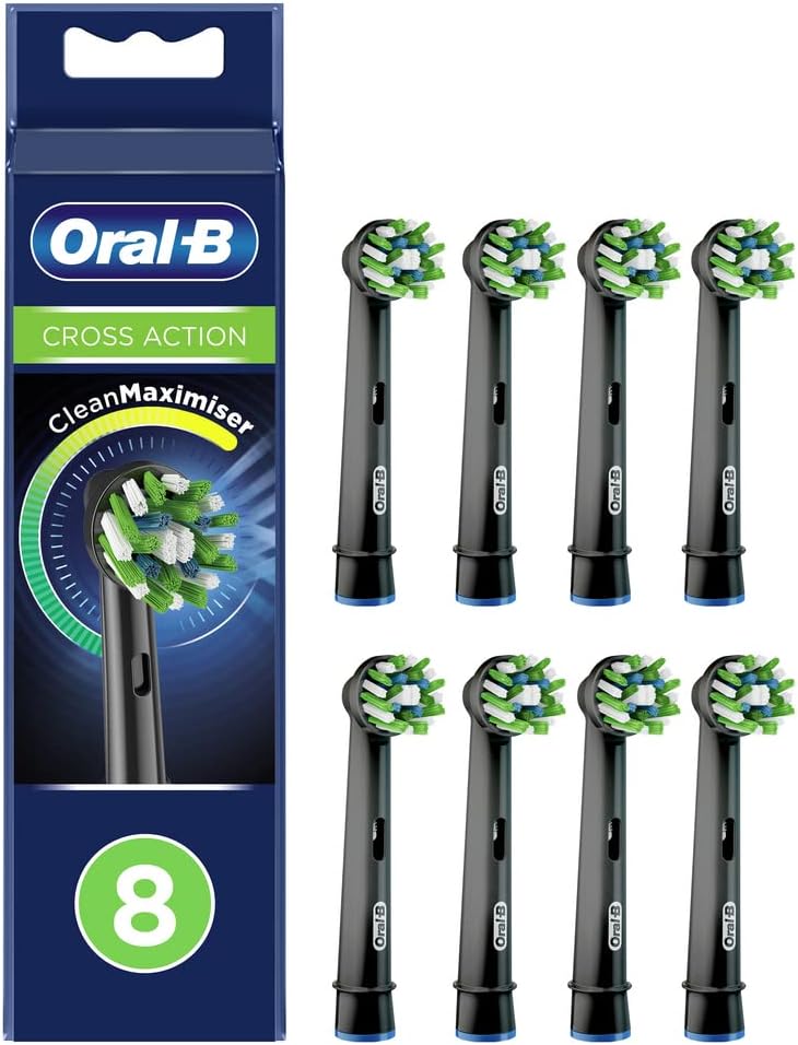Four Oral-B CrossAction black replacement toothbrush heads for electric toothbrushes, with angled bristles for effective cleaning.