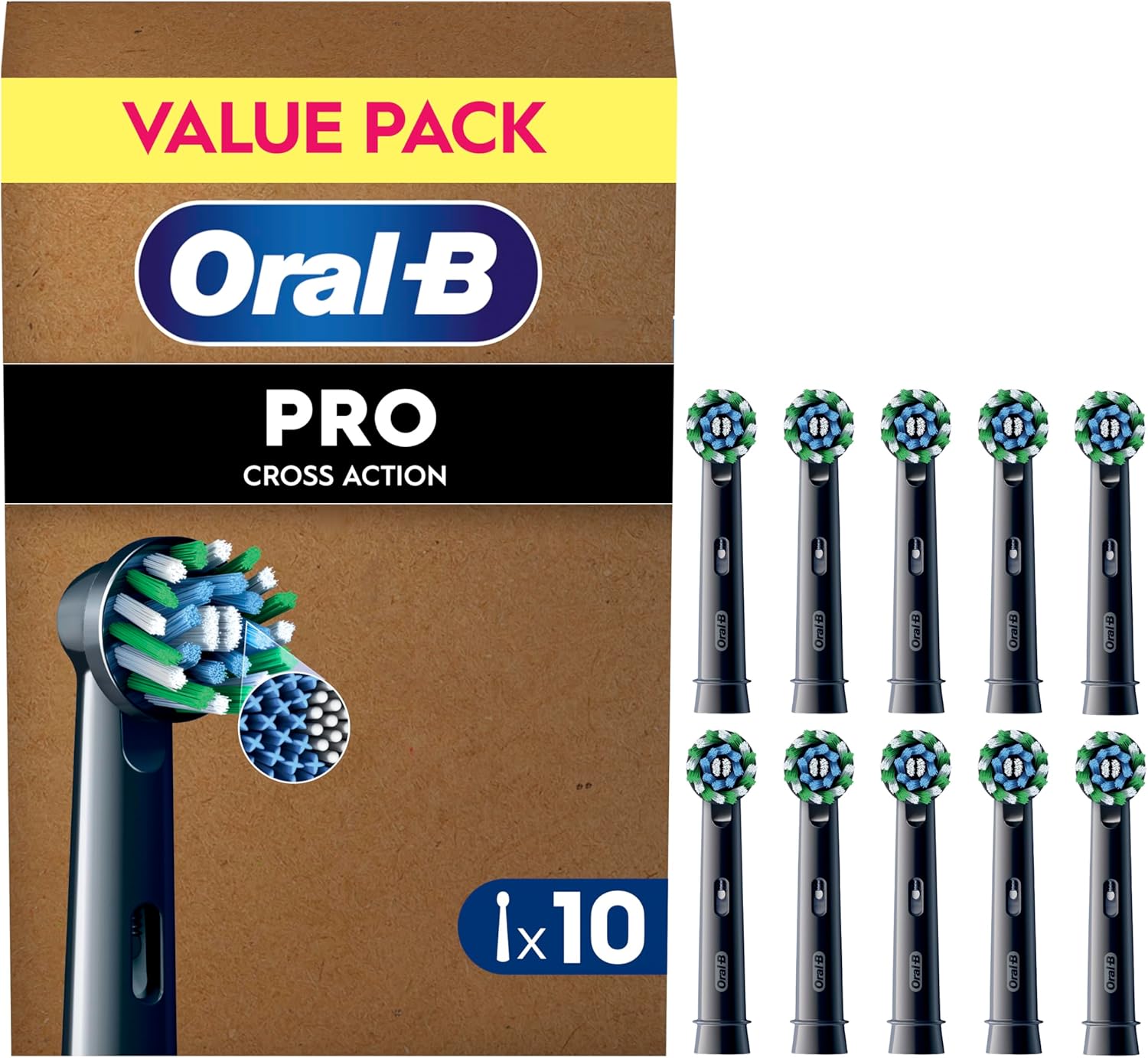 Oral-B CrossAction black replacement toothbrush heads, 4-pack, with angled bristles for effective cleaning and gum care.
