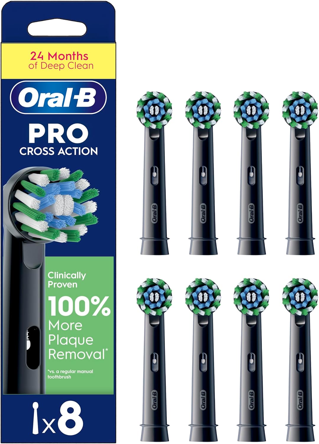 Eight Oral-B CrossAction Black replacement toothbrush heads for electric toothbrushes, designed for thorough cleaning and gum care.