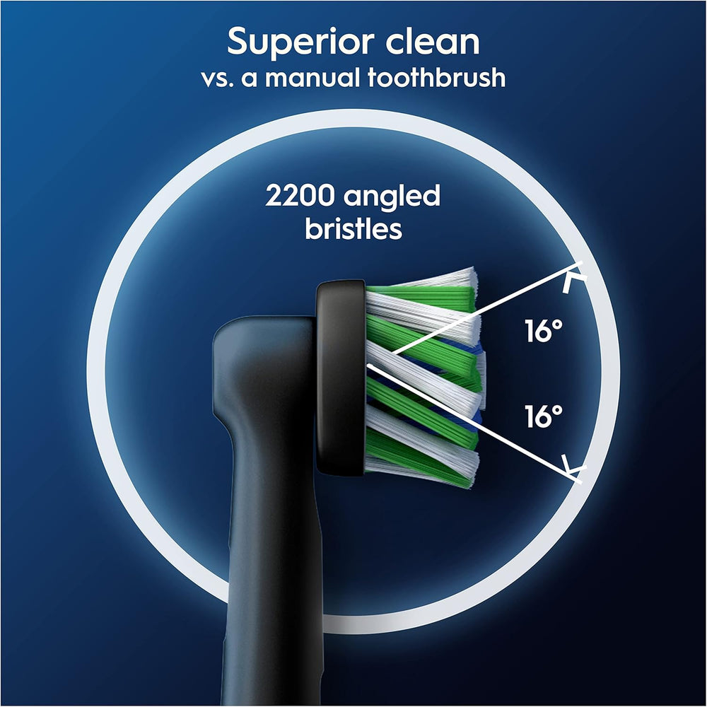 Eight Oral-B CrossAction Black replacement toothbrush heads for electric toothbrushes, shown in a neatly arranged pack.