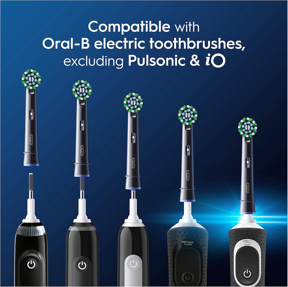 Eight Oral-B CrossAction black replacement toothbrush heads for electric toothbrushes, designed for effective cleaning and precision.