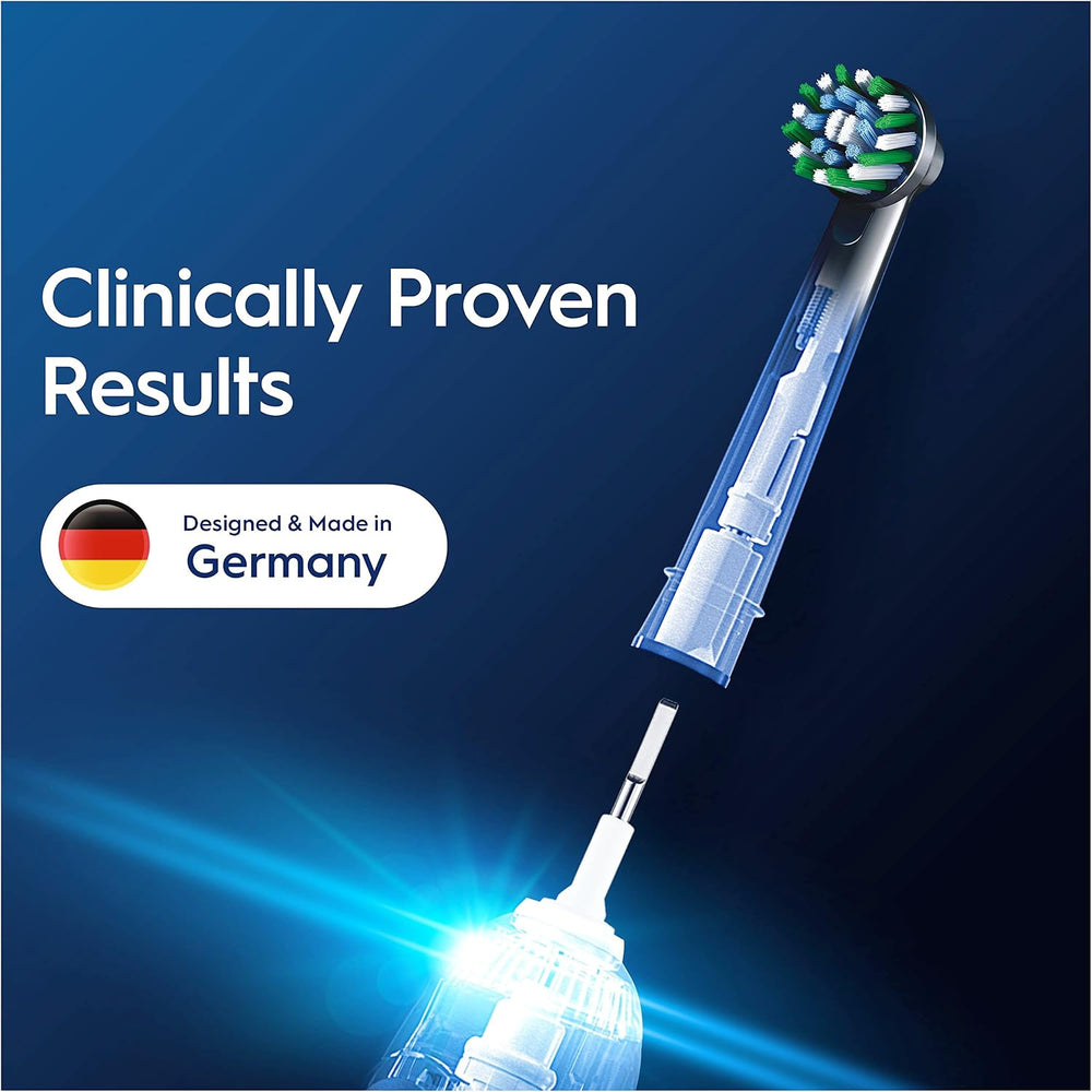 Eight Oral-B CrossAction black replacement toothbrush heads for electric toothbrushes, designed for thorough cleaning and gum health.