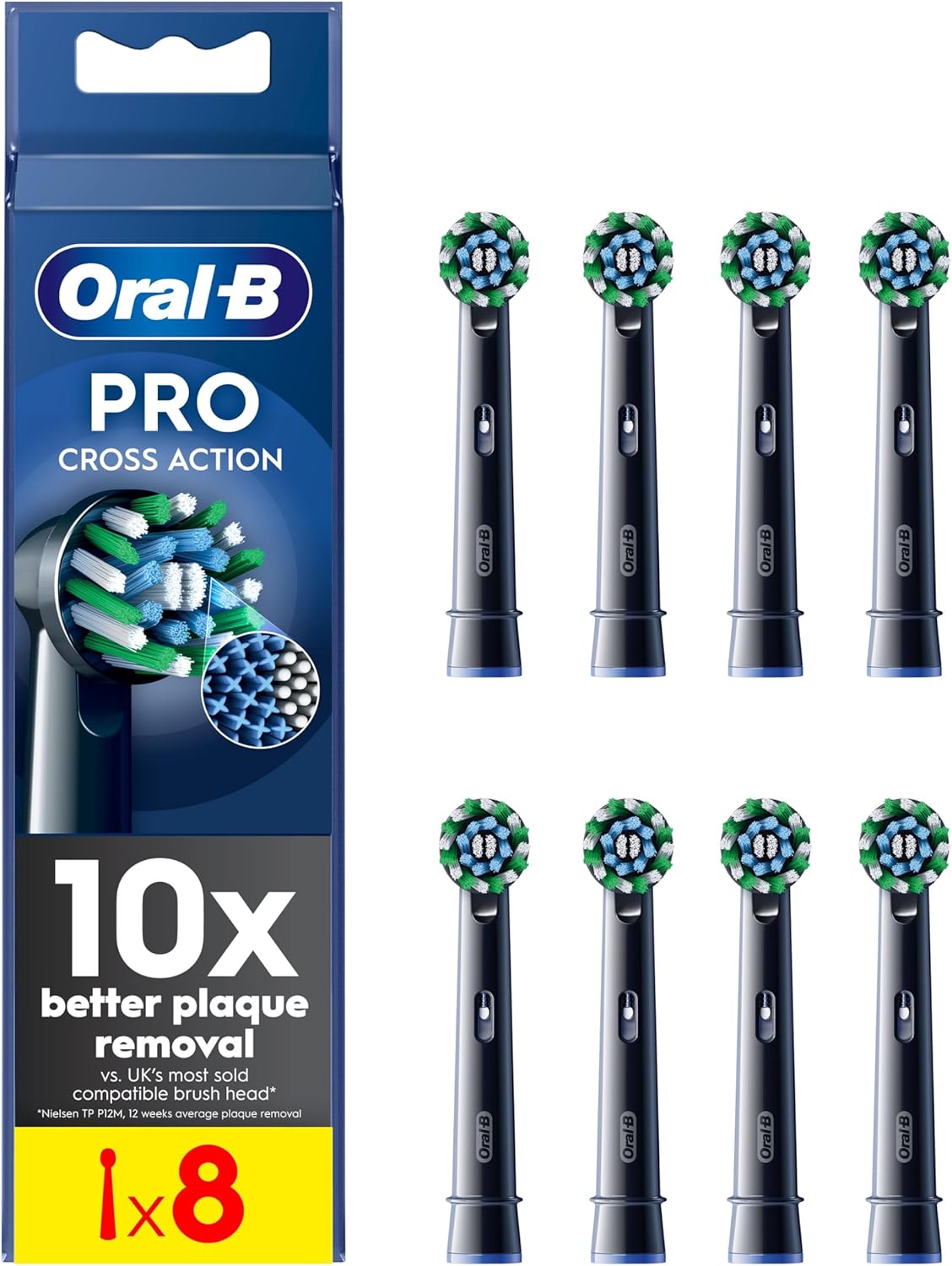 Eight Oral-B CrossAction Black replacement toothbrush heads for electric toothbrushes, designed for effective cleaning.