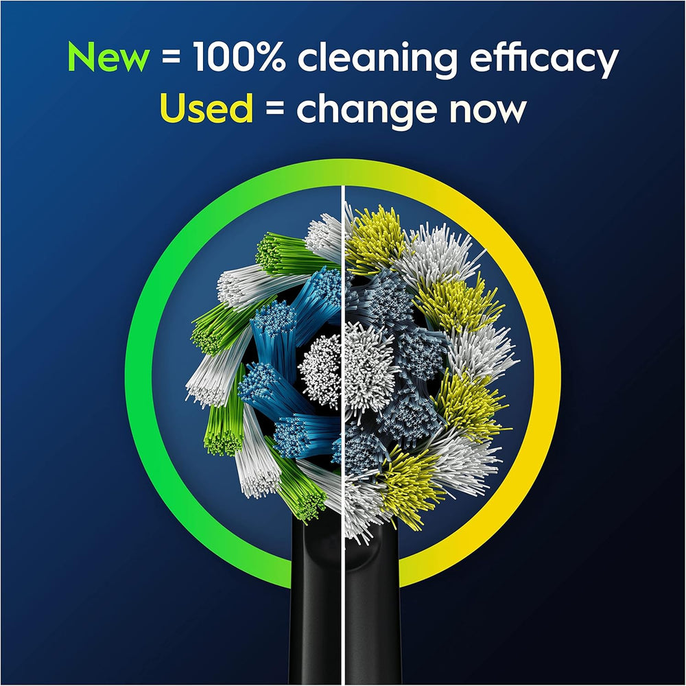 Eight Oral-B CrossAction black replacement toothbrush heads for electric toothbrushes, designed for effective cleaning and gum care.