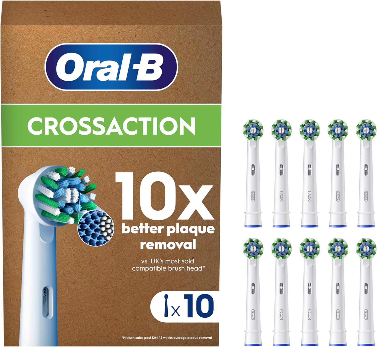 Set of 10 Oral-B CrossAction replacement toothbrush heads designed for thorough cleaning and compatible with Oral-B electric toothbrushes.