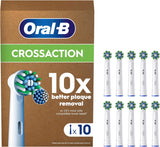 Set of 10 Oral-B CrossAction replacement toothbrush heads designed for thorough cleaning and compatible with Oral-B electric toothbrushes.