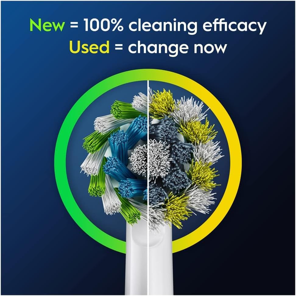 Set of 10 Oral-B CrossAction replacement toothbrush heads showing bristles and design for effective cleaning.
