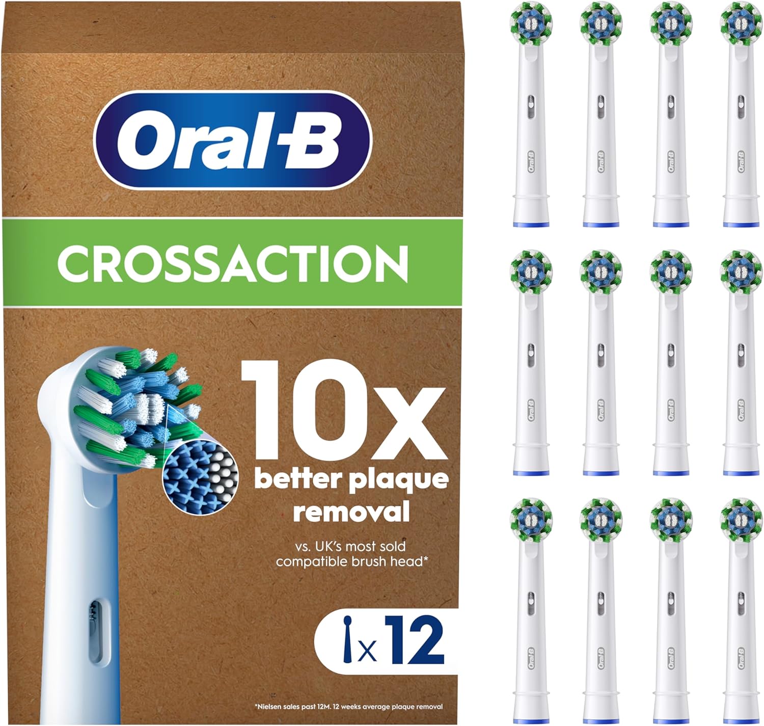 Set of 12 Oral-B CrossAction replacement toothbrush heads with angled bristles for effective cleaning.