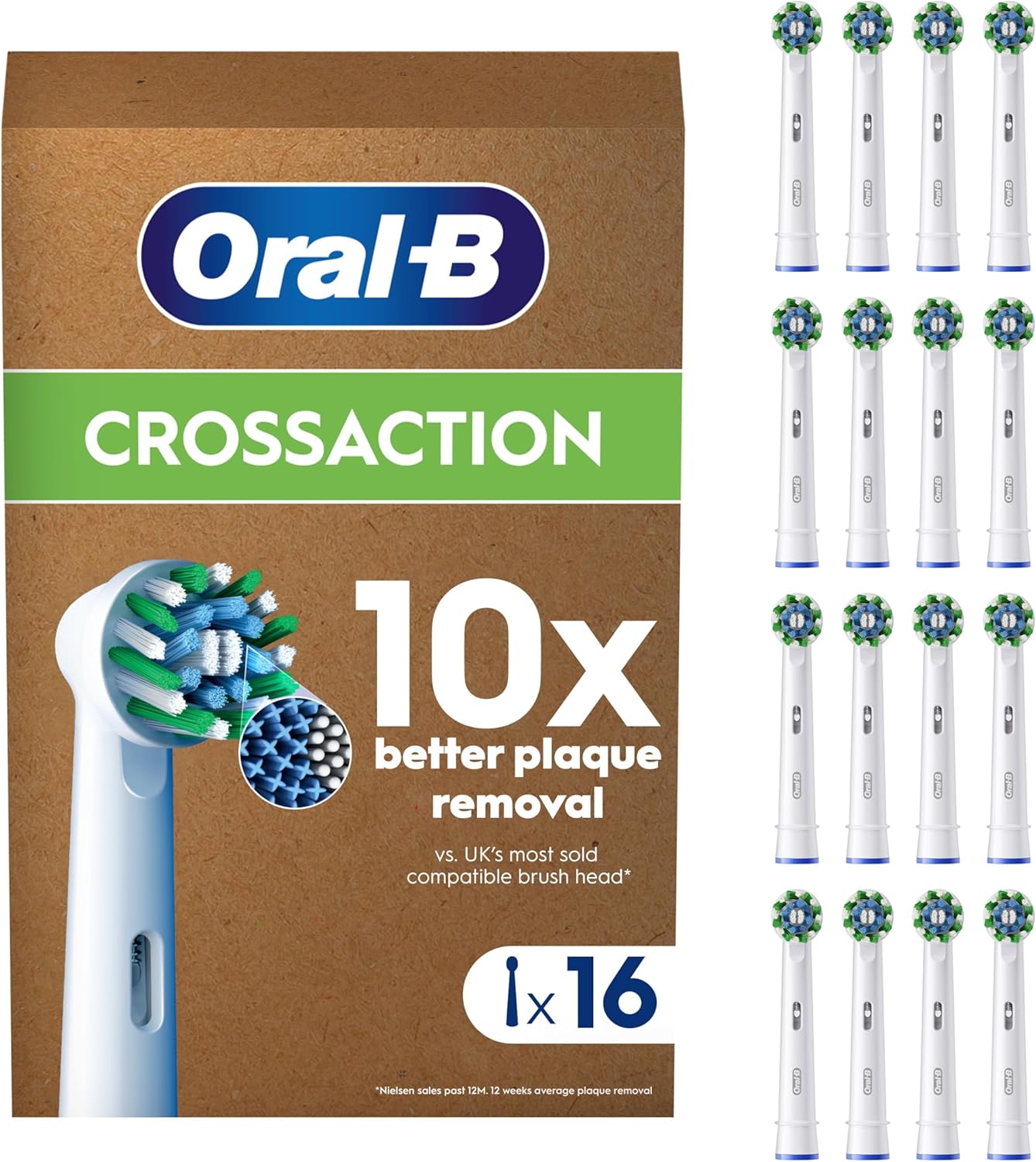 Oral-B CrossAction replacement toothbrush heads, 16-pack, compatible with Oral-B electric toothbrushes, featuring angled bristles for deep cleaning.