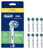 Eight Oral-B CrossAction replacement toothbrush heads with angled bristles for effective cleaning.