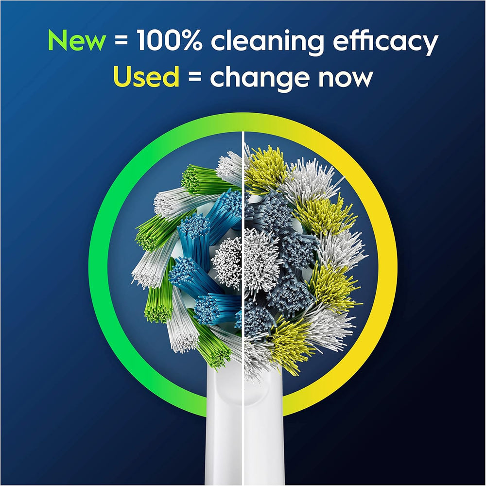 Eight Oral-B CrossAction replacement toothbrush heads for effective cleaning and gum care, designed for compatible electric toothbrushes.