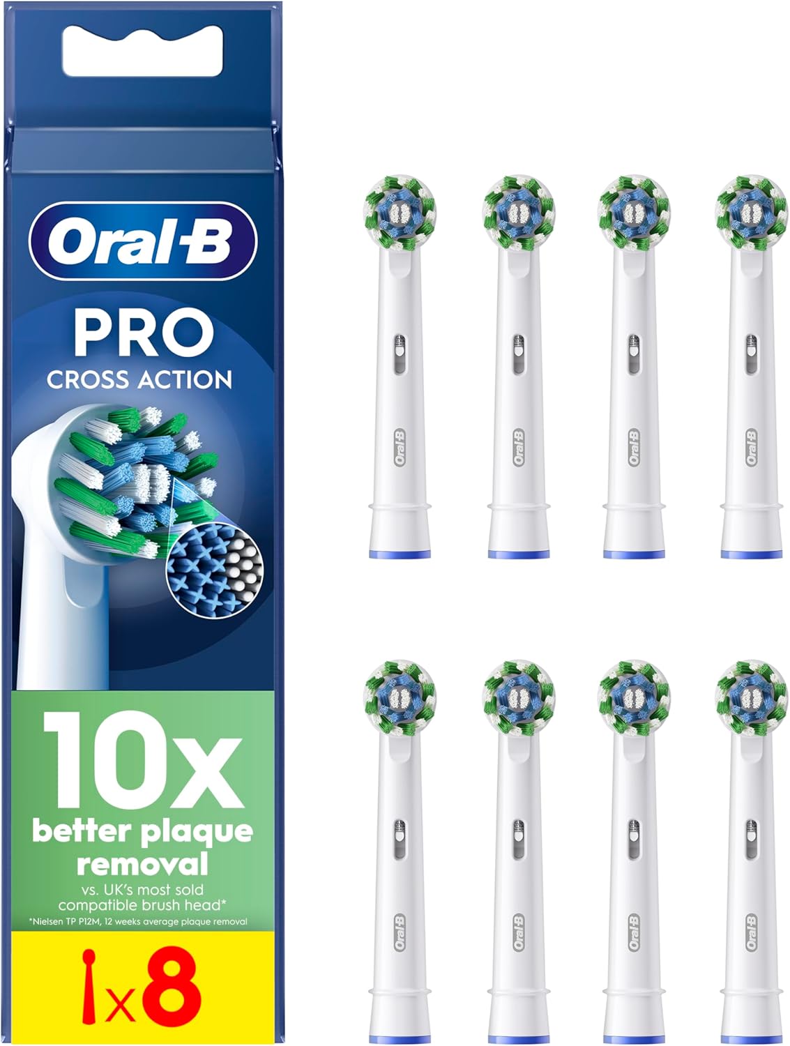 Eight Oral-B CrossAction replacement toothbrush heads for effective cleaning, designed to fit Oral-B electric toothbrushes.