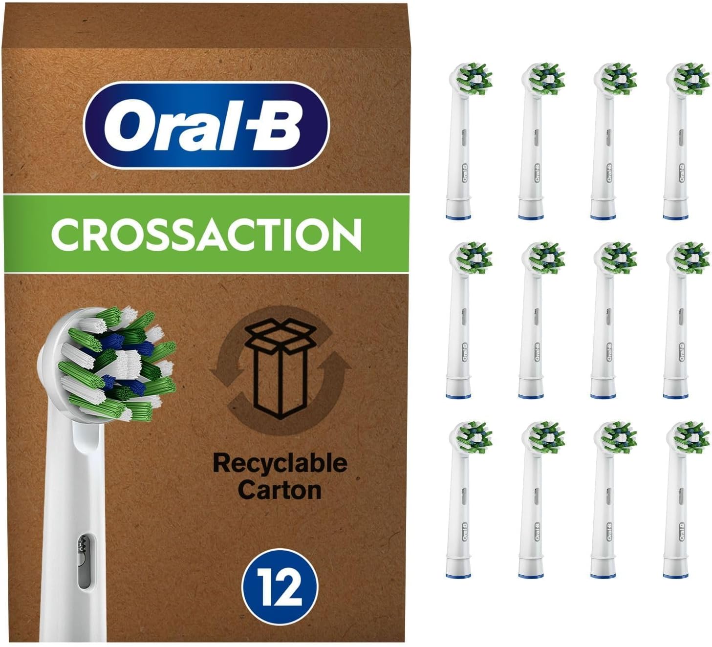 Eight Oral-B CrossAction replacement toothbrush heads for effective cleaning and gum care, designed for compatible electric toothbrushes.