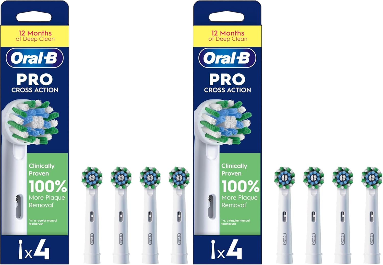 Oral-B CrossAction replacement toothbrush heads, 8-pack, designed for effective cleaning and plaque removal.