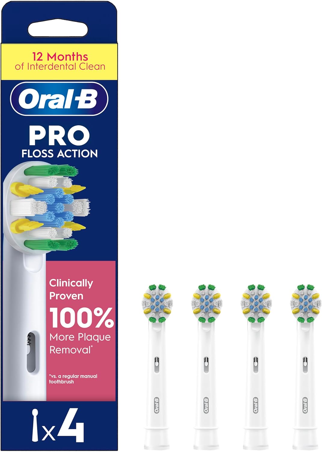 Set of four Oral-B Floss Action replacement toothbrush heads for deep cleaning and plaque removal.