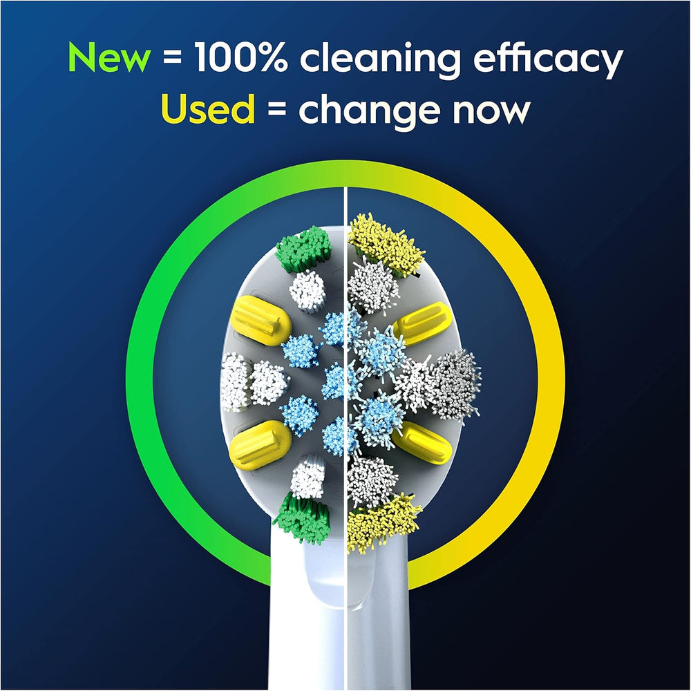Set of four Oral-B Floss Action replacement toothbrush heads with blue bristles for deep cleaning and gum health.