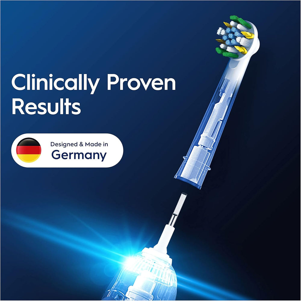 Four Oral-B Floss Action replacement toothbrush heads designed for deep cleaning and plaque removal.