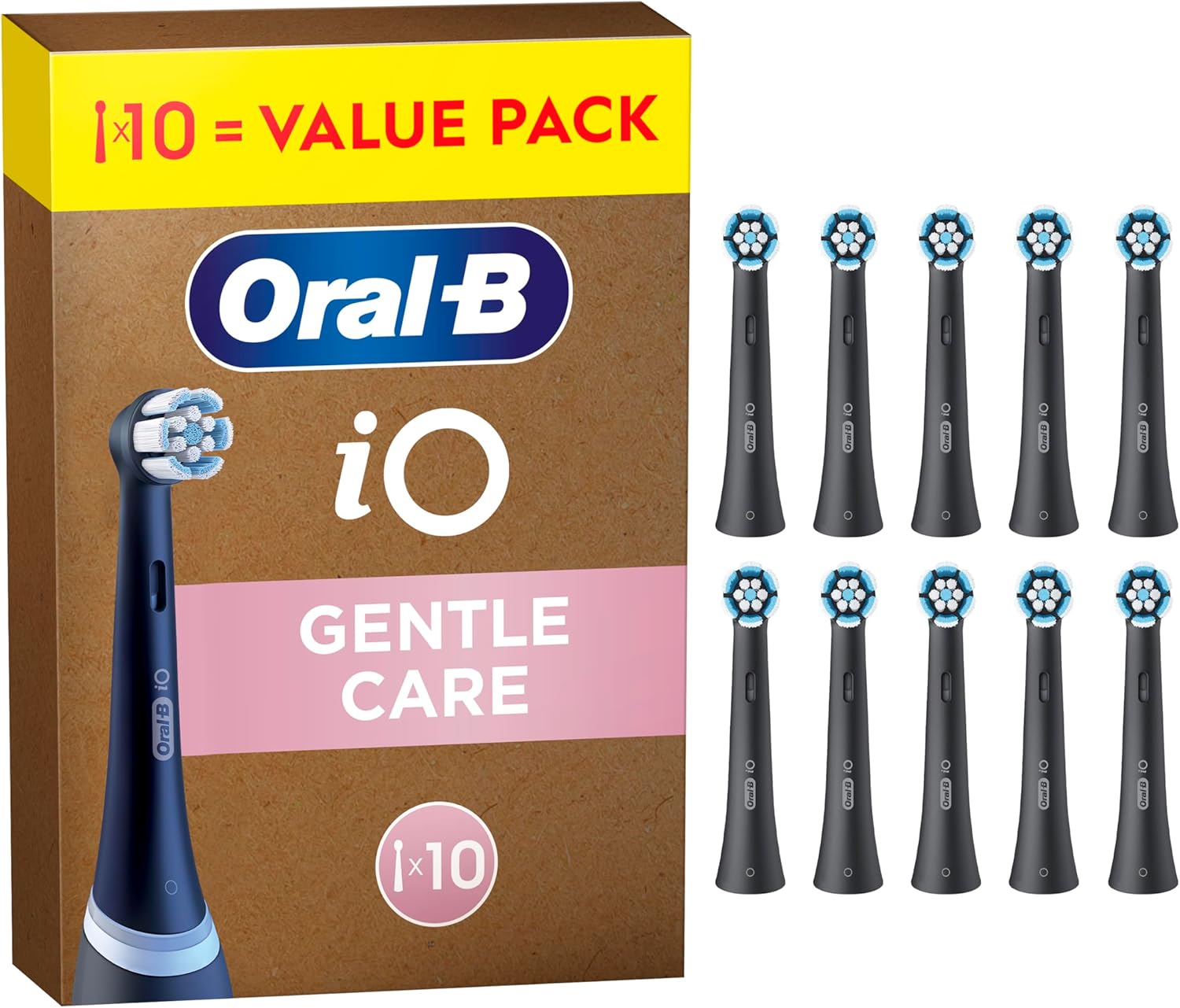 Set of 10 Oral-B iO Gentle Care replacement brush heads in black for electric toothbrushes, designed for gentle cleaning.