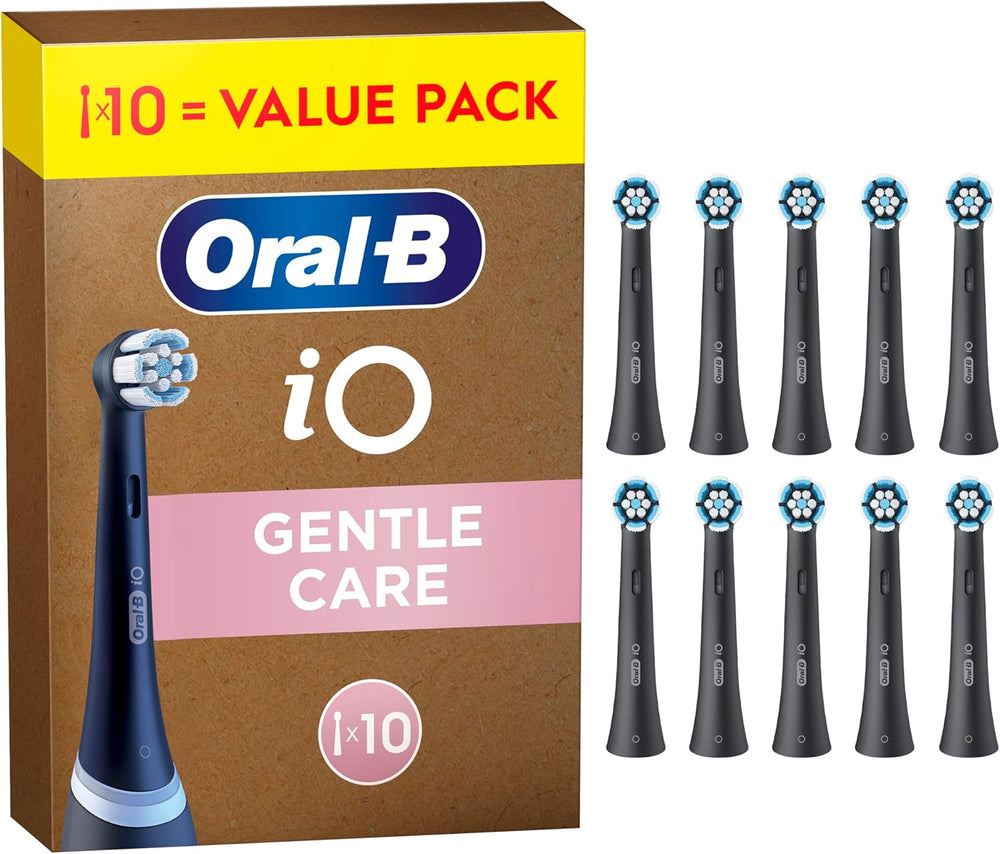 Set of 10 Oral-B iO Gentle Care replacement brush heads in black for electric toothbrushes, designed for gentle cleaning.