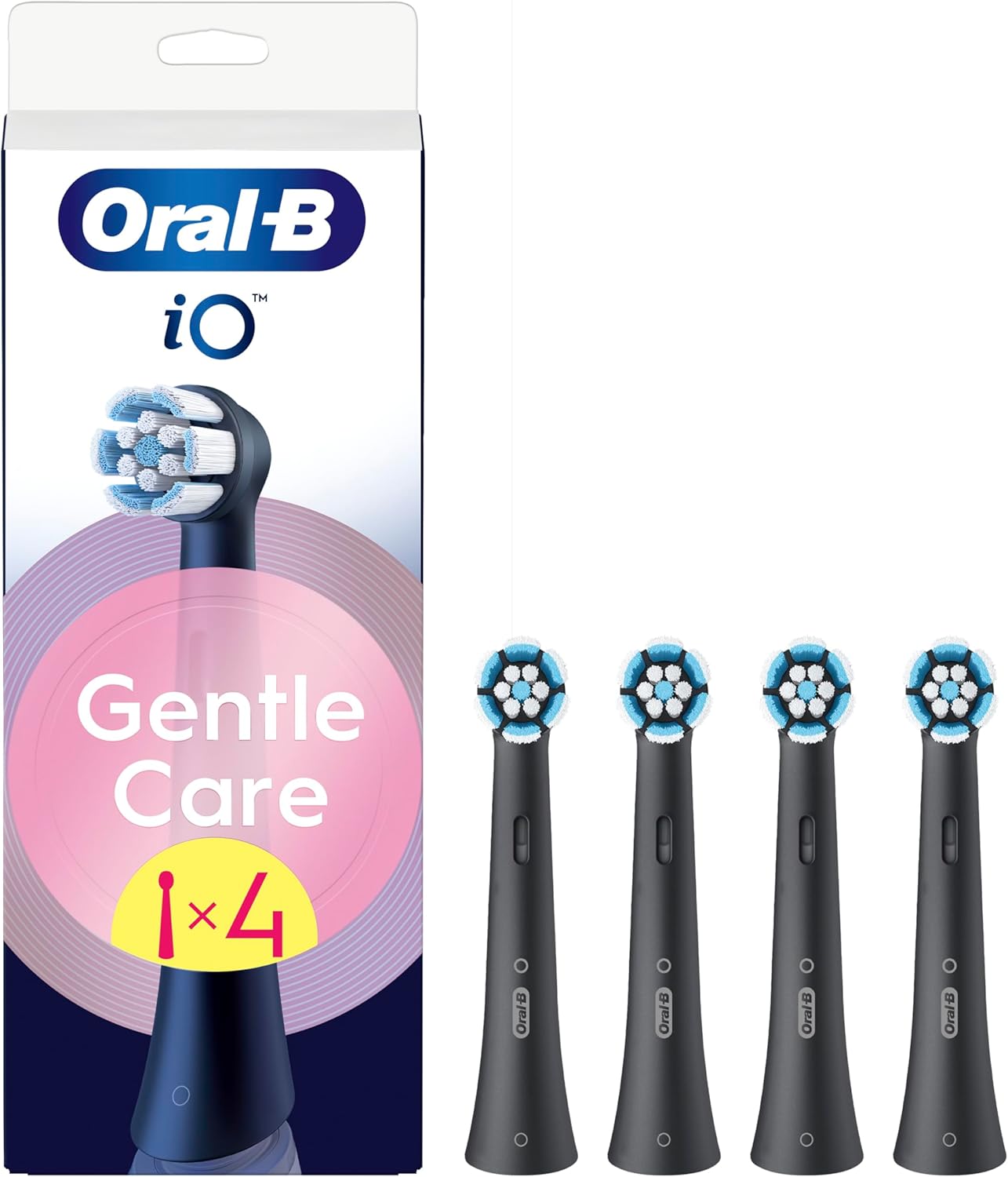 Oral-B iO Gentle Care replacement brush heads in black, pack of four, compatible with Oral-B electric toothbrushes.