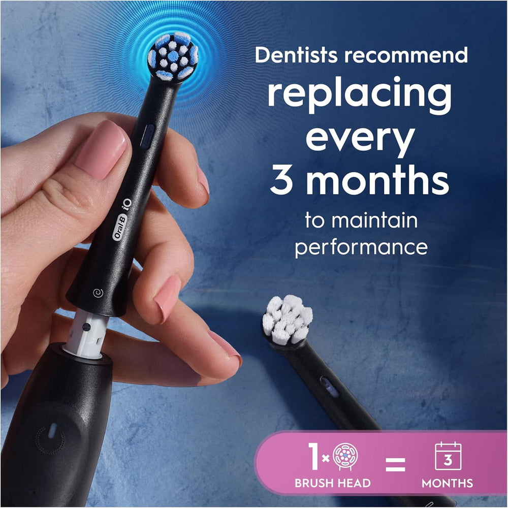 Four black Oral-B iO Gentle Care replacement toothbrush heads for electric toothbrushes, shown in a 4-pack.