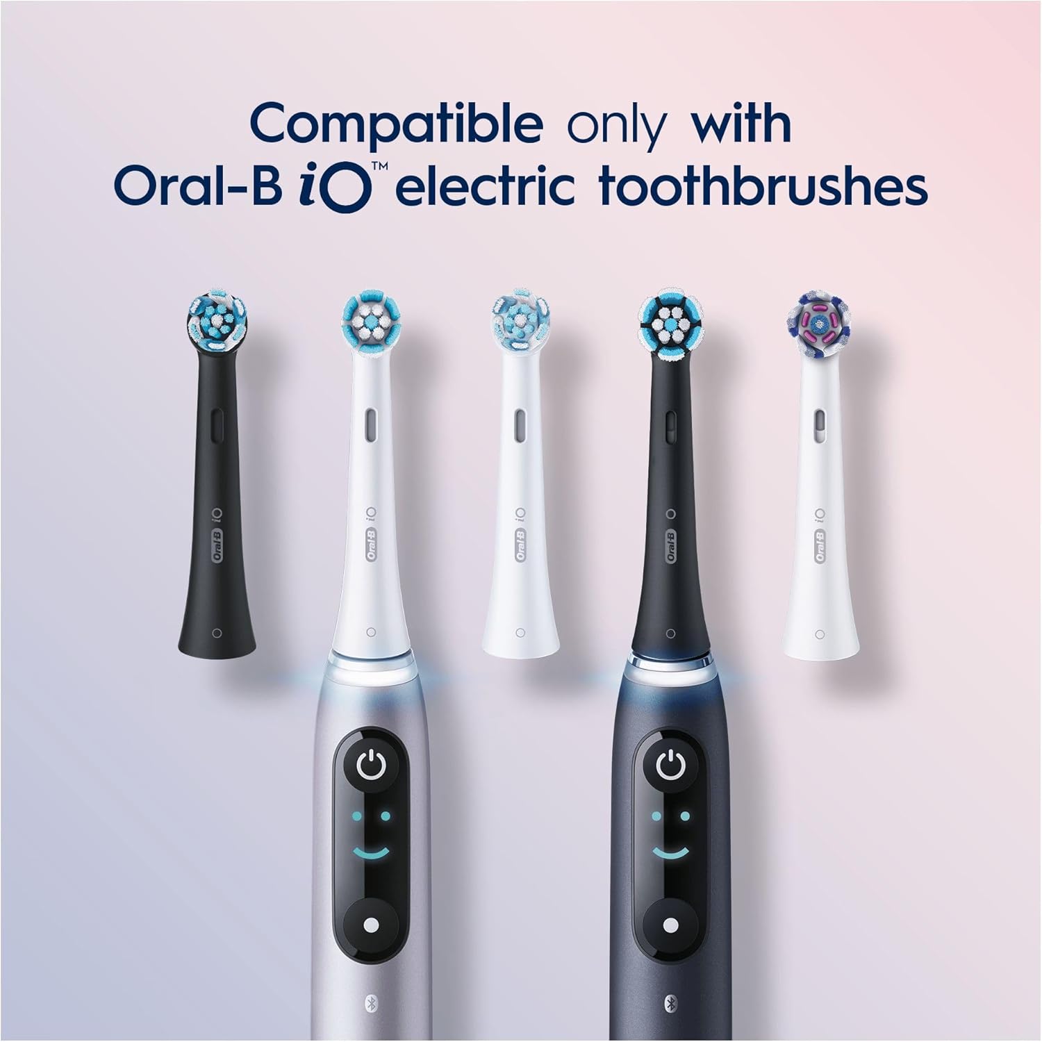 Six Oral-B iO Gentle Care replacement brush heads in black for electric toothbrushes, shown in a 6-pack bundle.