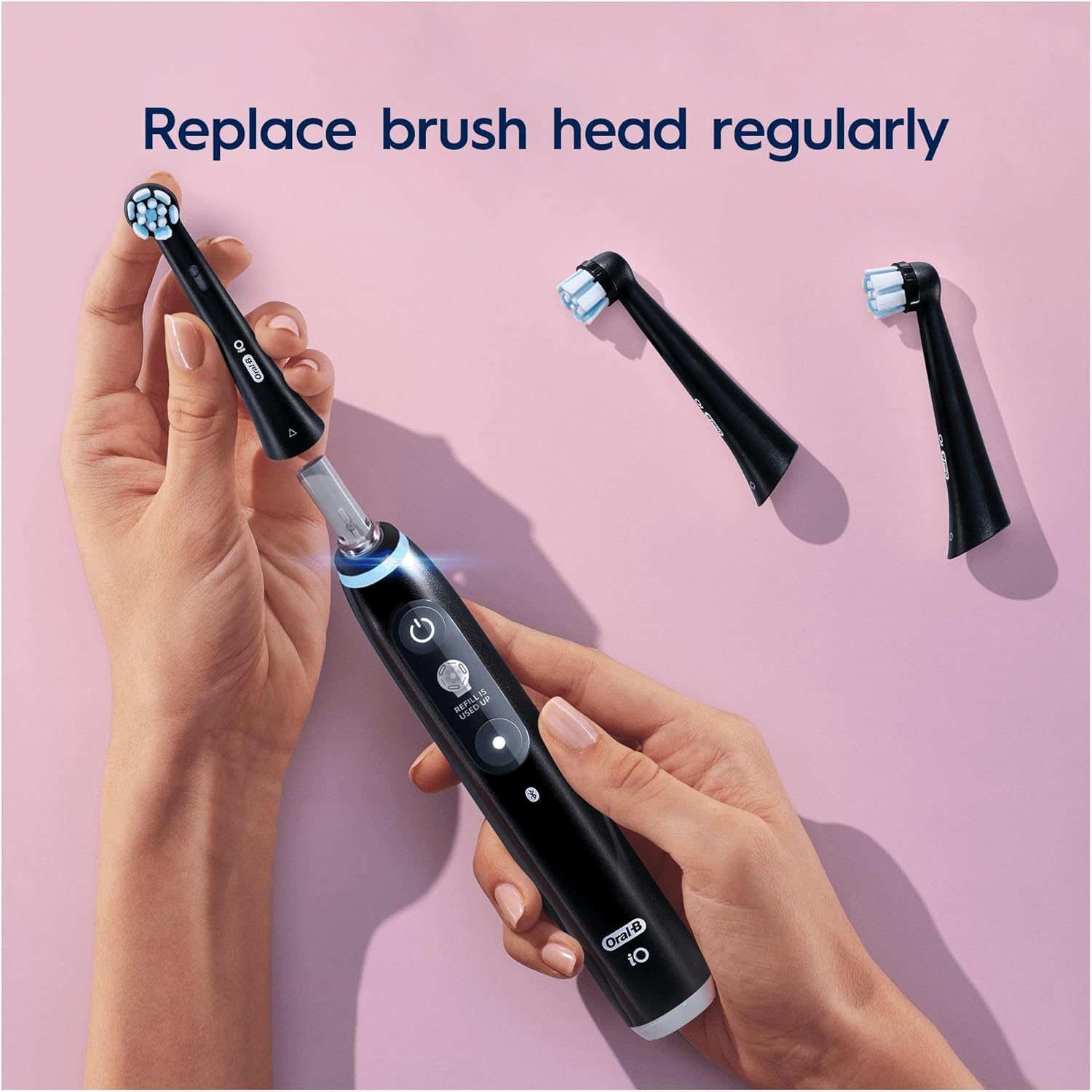 Six black Oral-B iO Gentle Care replacement brush heads for electric toothbrushes, shown in a 6-pack.