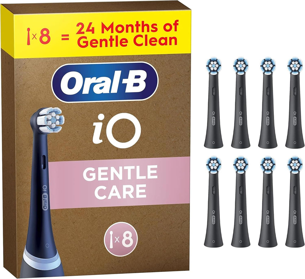 Set of 8 Oral-B iO Gentle Care replacement brush heads in black for electric toothbrushes, designed for gentle cleaning.