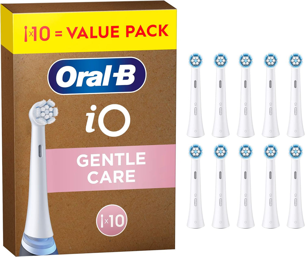 Set of 10 white Oral-B iO Gentle Care replacement brush heads for electric toothbrushes, shown in the image.