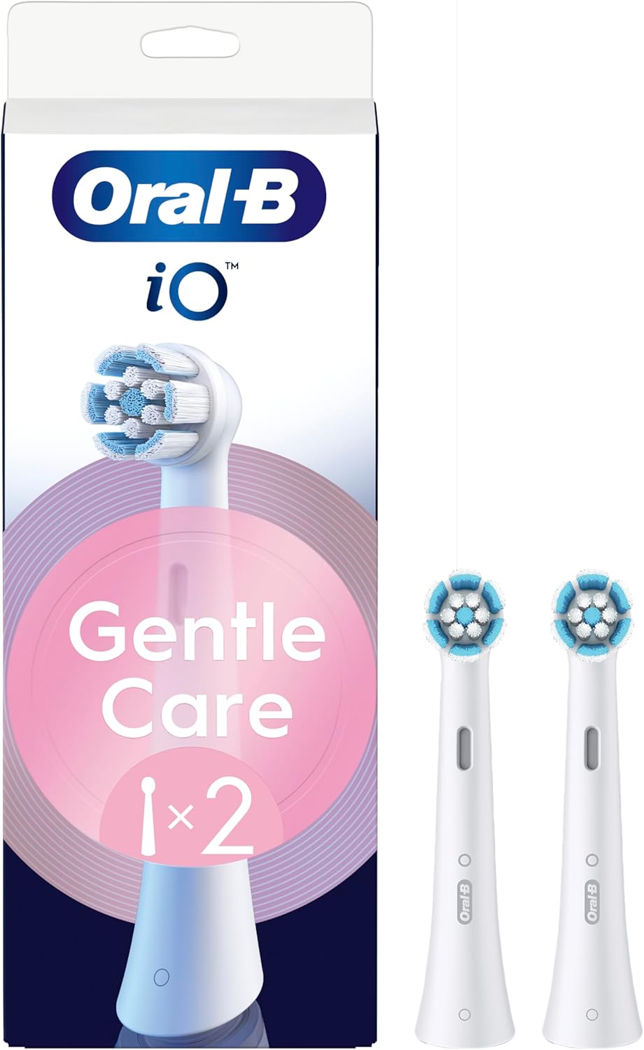 Oral-B iO Gentle Care replacement brush heads in white, 2-pack for electric toothbrushes, designed for gentle cleaning.
