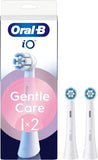 Oral-B iO Gentle Care replacement brush heads in white, 2-pack for electric toothbrushes, designed for gentle cleaning.