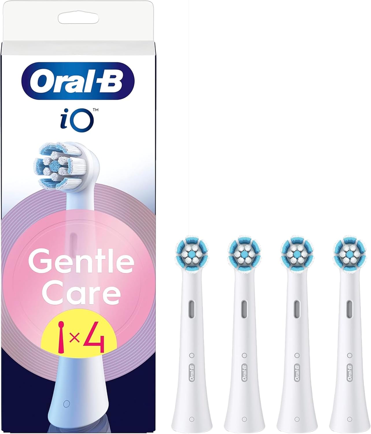 Oral-B iO Gentle Care replacement brush heads in white, 4-pack, for electric toothbrushes.
