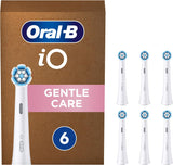 Six white Oral-B iO Gentle Care replacement brush heads for electric toothbrushes, shown in a compact pack.