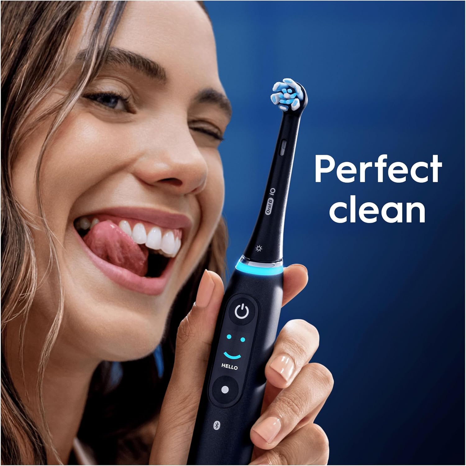 Eight white Oral-B iO Gentle Care replacement brush heads for electric toothbrushes, shown in a pack.
