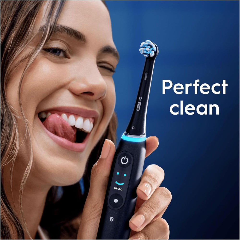 Eight white Oral-B iO Gentle Care replacement brush heads for electric toothbrushes, shown in a pack.