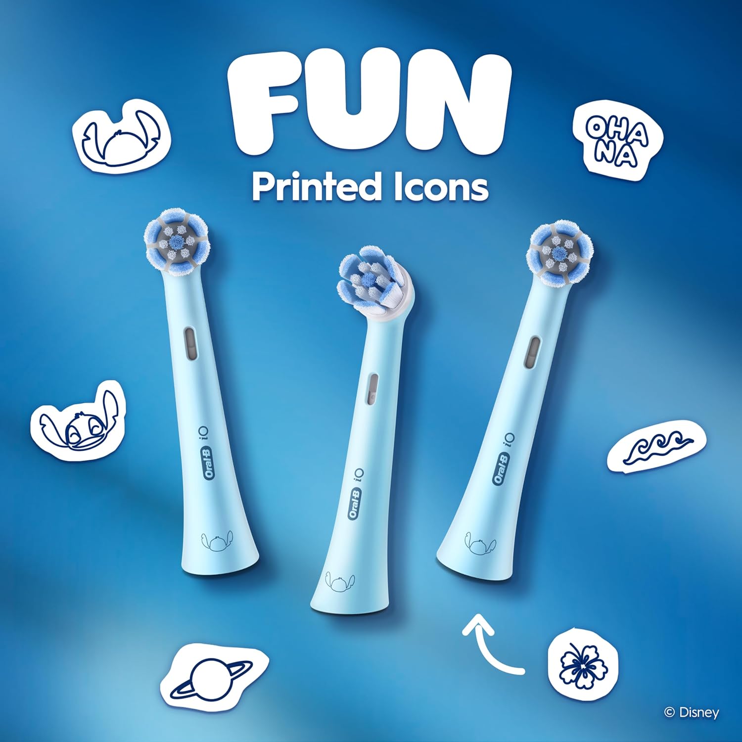 Oral-B iO Kids Disney Stitch replacement brush heads, 2-pack, designed for children's electric toothbrushes featuring Stitch from Disney.