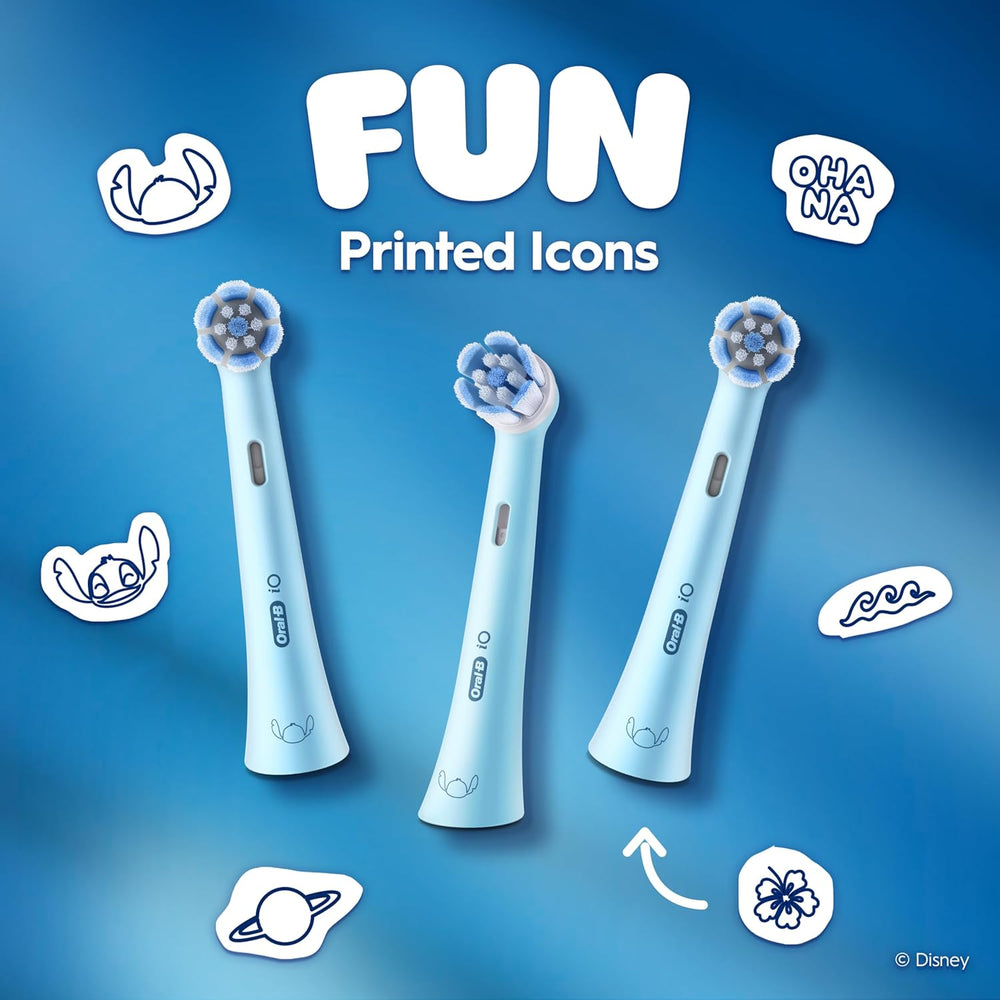 Oral-B iO Kids Disney Stitch replacement brush heads, 2-pack, designed for children's electric toothbrushes featuring Stitch from Disney.