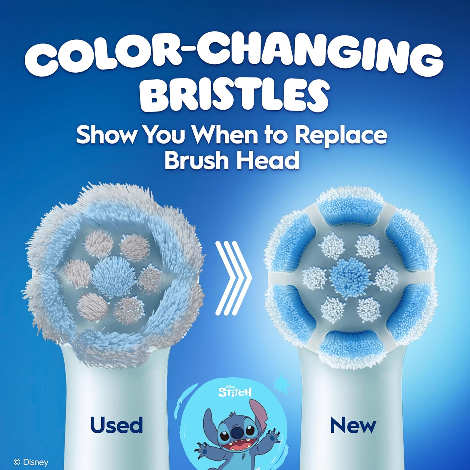 Oral-B iO Kids Disney Stitch replacement brush heads, 2-pack, designed for children's electric toothbrushes with fun Stitch character.