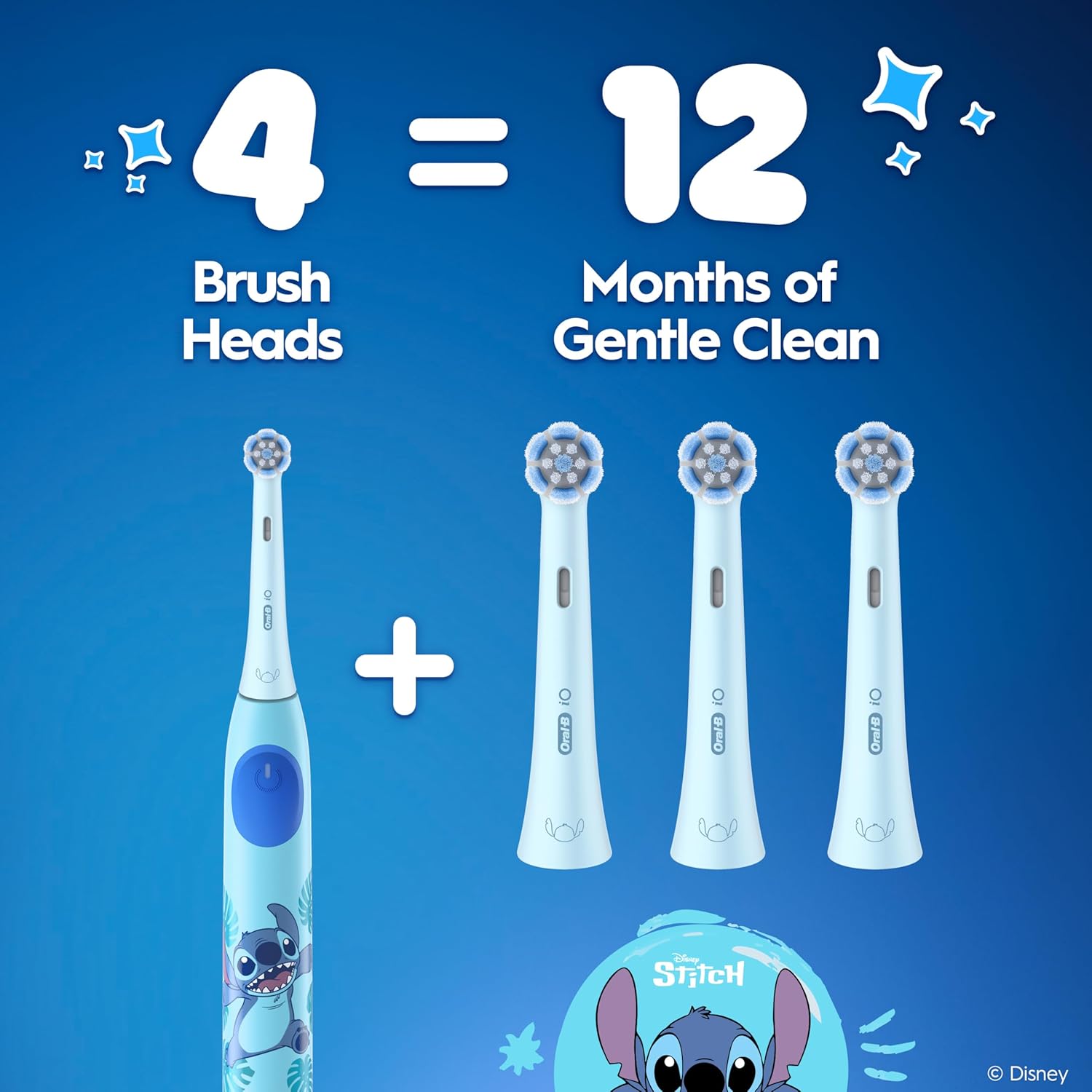 Oral-B iO Kids Disney Stitch replacement brush heads, 2-pack, designed for children's electric toothbrushes with Stitch character theme.