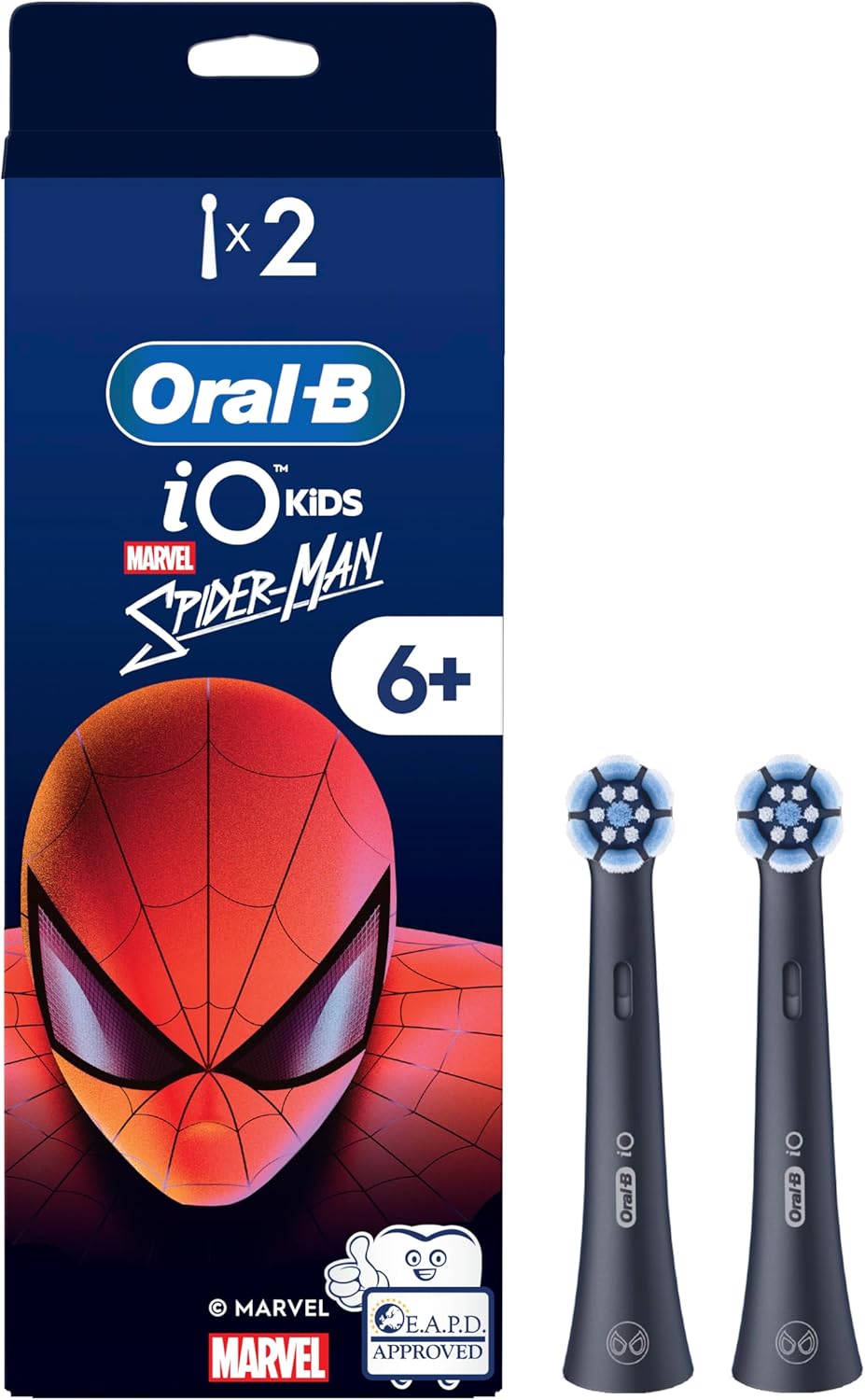 Oral-B iO Kids Marvel Spider-Man replacement toothbrush heads, 2-pack, designed for children’s electric toothbrushes featuring Spider-Man graphics.
