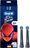 Oral-B iO Kids Marvel Spider-Man replacement toothbrush heads, 2-pack, designed for children’s electric toothbrushes featuring Spider-Man graphics.