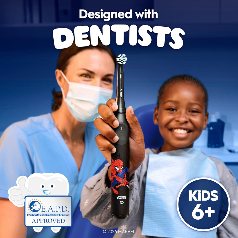Two Oral-B iO Kids Marvel Spider-Man replacement brush heads designed for children's electric toothbrushes with Spider-Man graphics.