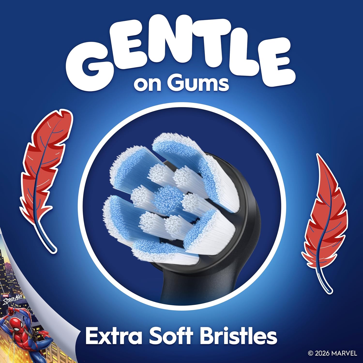 Oral-B iO Kids Marvel Spider-Man replacement toothbrush heads, 2-pack, designed for children's electric toothbrushes with Spider-Man theme characters.